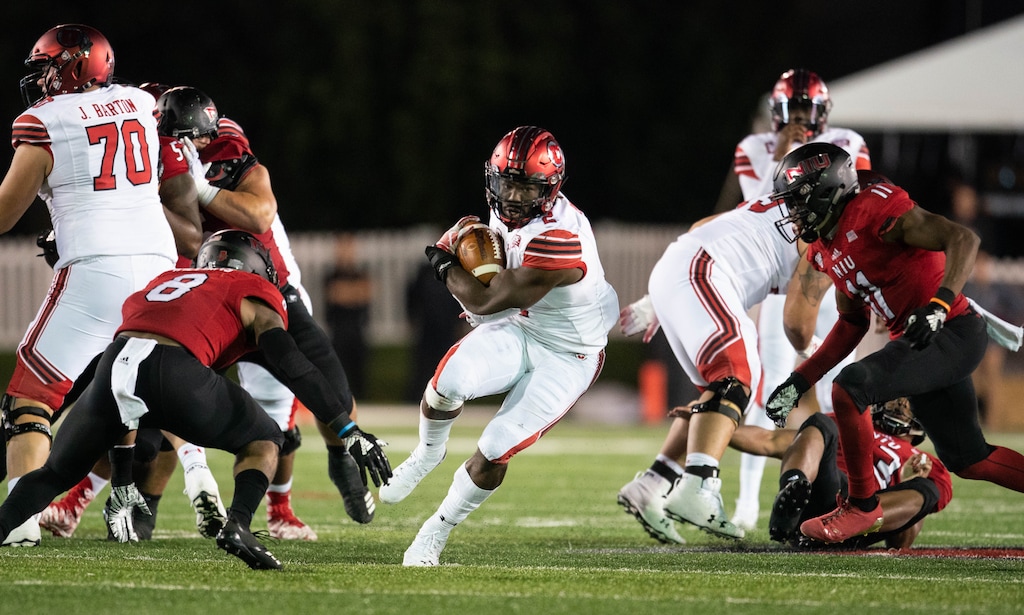 Utah Utes running back Zack Moss (2) carries the ball against the NIU Huskies during a college football game at Huskie Stadium in DeKalb, IL on Saturday, Sept. 8, 2018 (Sean King | for The Salt Lake Tribune)