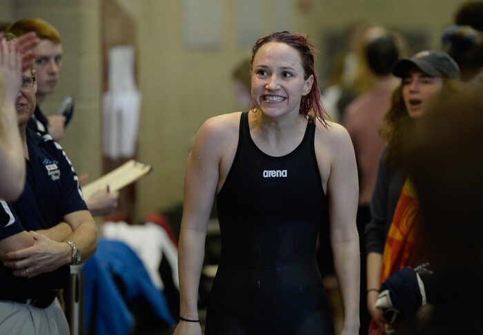 (Francisco Kjolseth  |  The Salt Lake Tribune)  Katie Hale of Park City is cheered for her first place time in the Women 50 Yard Free at the high school swimming 4A State Championships in Bountiful, Friday February 9, 2018.