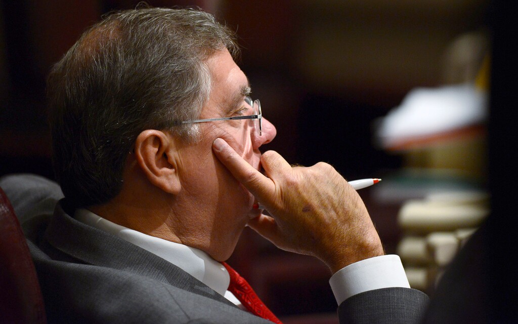 (Mickey Welsh/Montgomery Advertiser via AP) FILE - In a Feb. 12, 2014 file photo, Rep. Steve Hurst, R-Munford, watches discussion on the house floor in the Alabama Statehouse in Montgomery, Ala. Alabama lawmakers have approved legislation that would require certain sex offenders to be chemically castrated before being released on parole. The Alabama bill, sponsored by Republican Rep. Steve Hurst, would require sex offenders whose crimes involved children younger than 13 to receive the medication before being released from prison on parole. They would then be required to continue the medication until a judge decided they could stop.