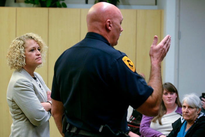 (Steve Griffin  |  The Salt Lake Tribune) Salt Lake City Mayor Jackie Biskupski and Salt Lake City Police Chief Mike Brown answer questions from Salt Lake City residents during the Liberty Wells Community Council meeting at the Tracy Aviary education room in Salt Lake City Wednesday November 8, 2017. Many of the questions were centered around Operation Rio Grande and the effects it is having on this area of the city.