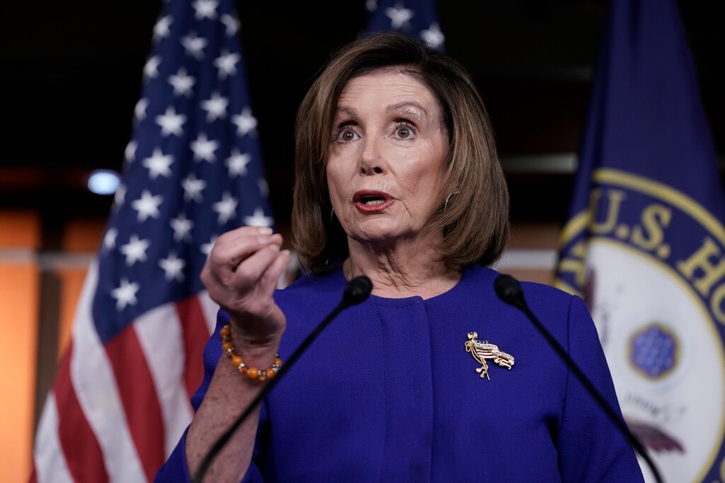 (J. Scott Applewhite | AP) Speaker of the House Nancy Pelosi, D-Calif., meets with reporters following an escalation of tensions this week between the U.S. and Iran, Thursday, Jan. 9, 2020, on Capitol Hill in Washington.