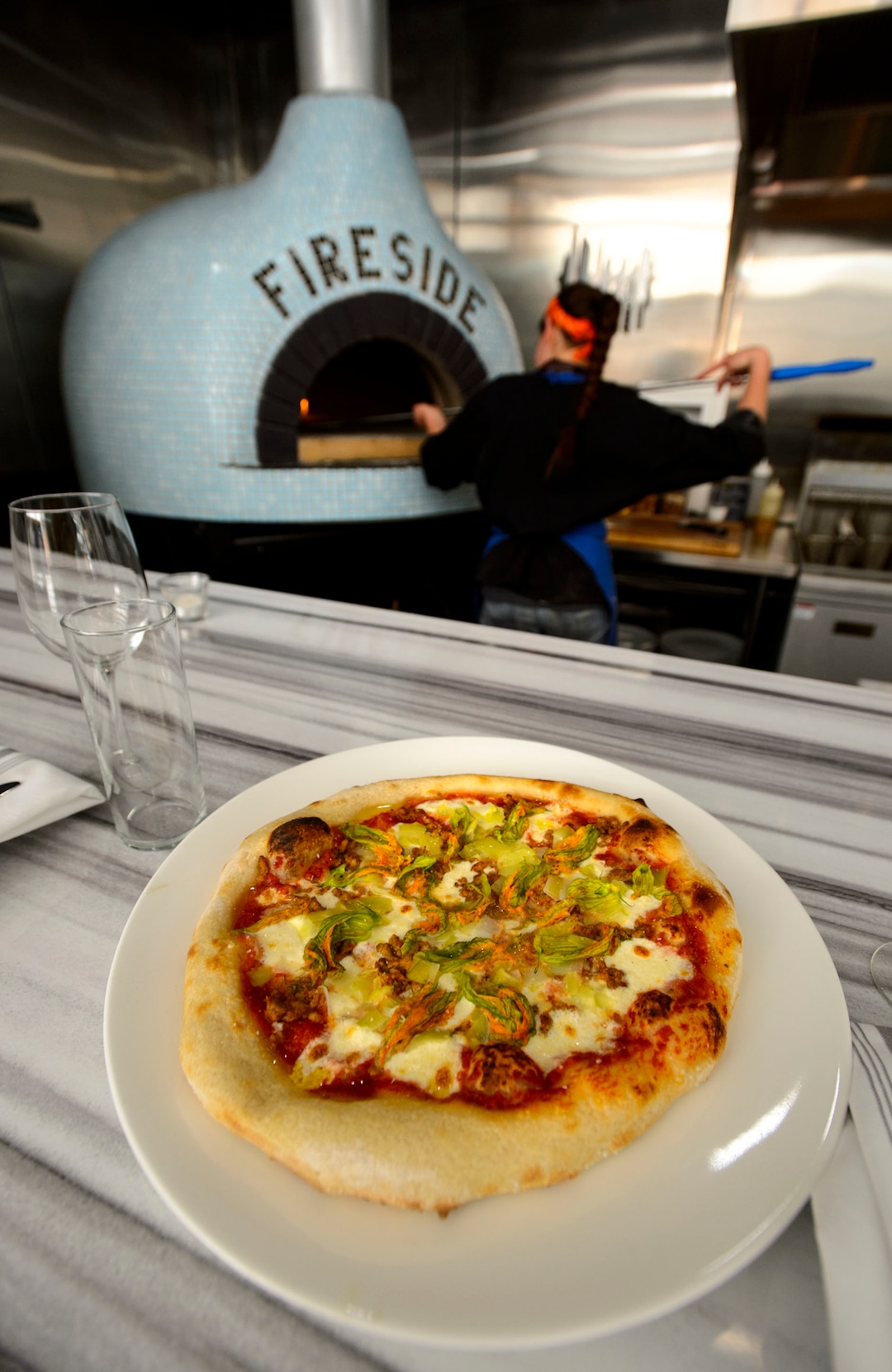 Steve Griffin  |  The Salt Lake TribuneA fresh pizza is pulled from the Valoriani oven at Fireside on Regent in Salt Lake City Friday March 24, 2017. The restaurant, the first to open on the updated street, is attached to the backside of the new Eccles Theatre. 