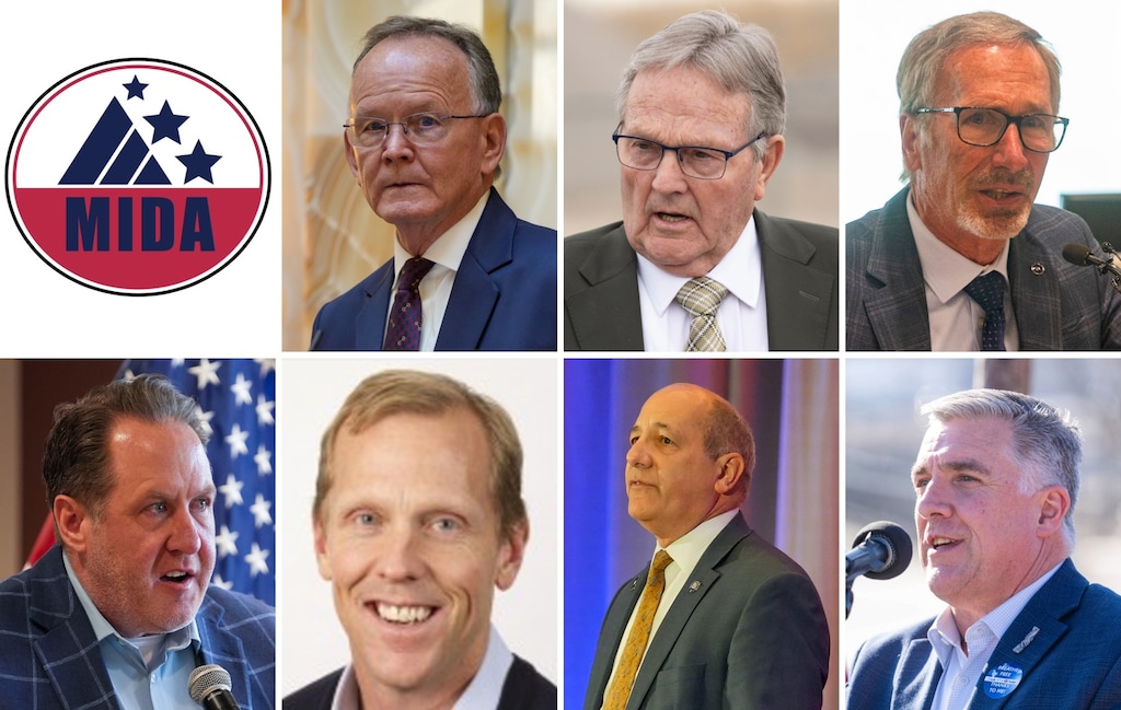 (The Salt Lake Tribune; MIDA) The members of the Military Installation Development Authority board, clockwise from top left: Senate President J. Stuart Adams, R-Layton; Sen. Jerry Stevenson, R-Layton; Weber County Commissioner Gage Froerer; Clearfield City Mayor Mark Shepherd; Mike Ostermiller; Utah Department of Veterans and Military Affairs executive director Gary Harter; and Governor’s Office of Economic Opportunity executive director Jefferson Moss, who is a nonvoting member.