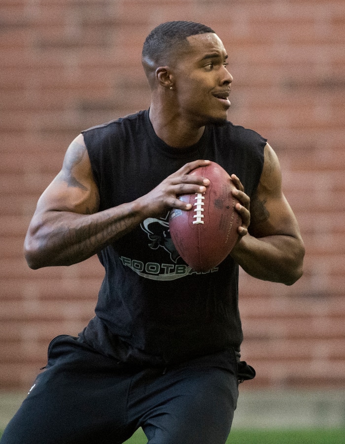(Rick Egan  |  The Salt Lake Tribune)      Troy Williams throws the ball during University of Utah's 2018 Pro Day for NFL scouts, as Spence Eccles Field House, Wednesday, March 28, 2018.