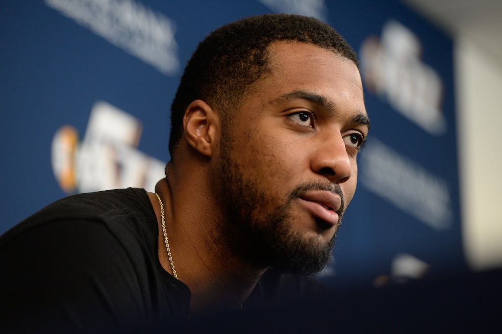 (Francisco Kjolseth  |  The Salt Lake Tribune)  Derrick Favors of the Utah Jazz speaks with the media following their season-ending game at the team practice facility on Thursday, April 25. 2019.