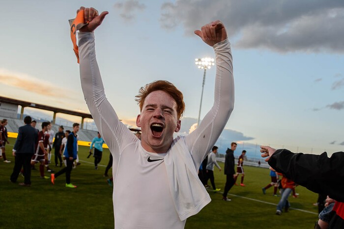 (Trent Nelson | The Salt Lake Tribune)  Judge Memorial's Joseph Paul celebrates the win over Morgan High School in the 3A state championship game, Saturday May 12, 2018.