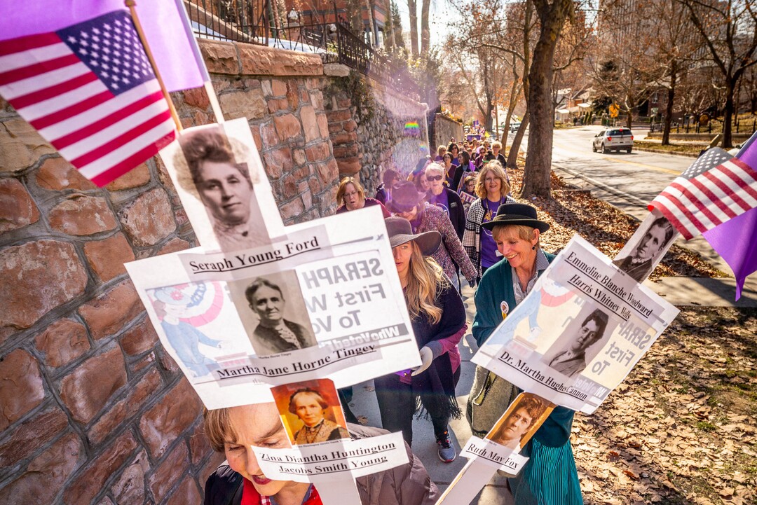 (Trent Nelson  |  The Salt Lake Tribune) A remembrance walk organized by Better Days 2020 in Salt Lake City on on Friday, Feb. 14, 2020 marks the 150th anniversary of Seraph Young casting her historical vote in Utah.