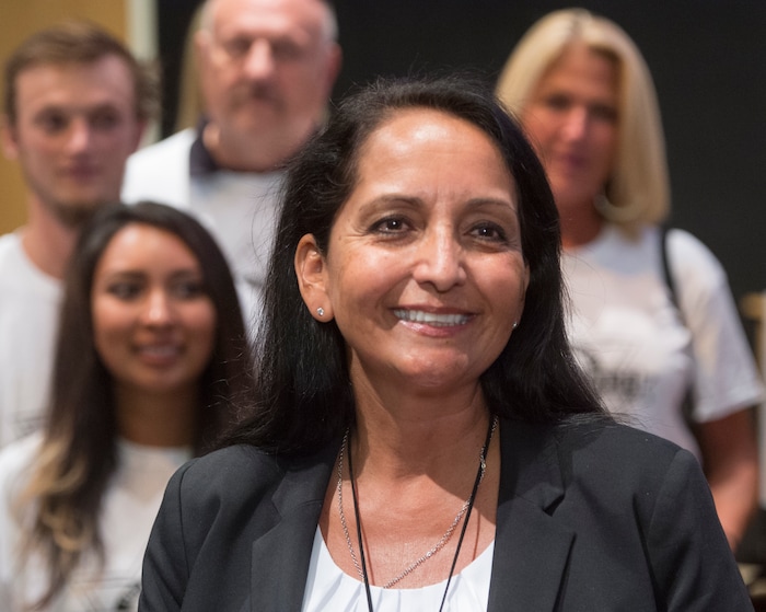 (Rick Egan  |  The Salt Lake Tribune)  Rosie Rivera smiles Saturday, Aug. 12, 2017, after Democrats picked her to be the first woman to be Salt Lake County sheriff.