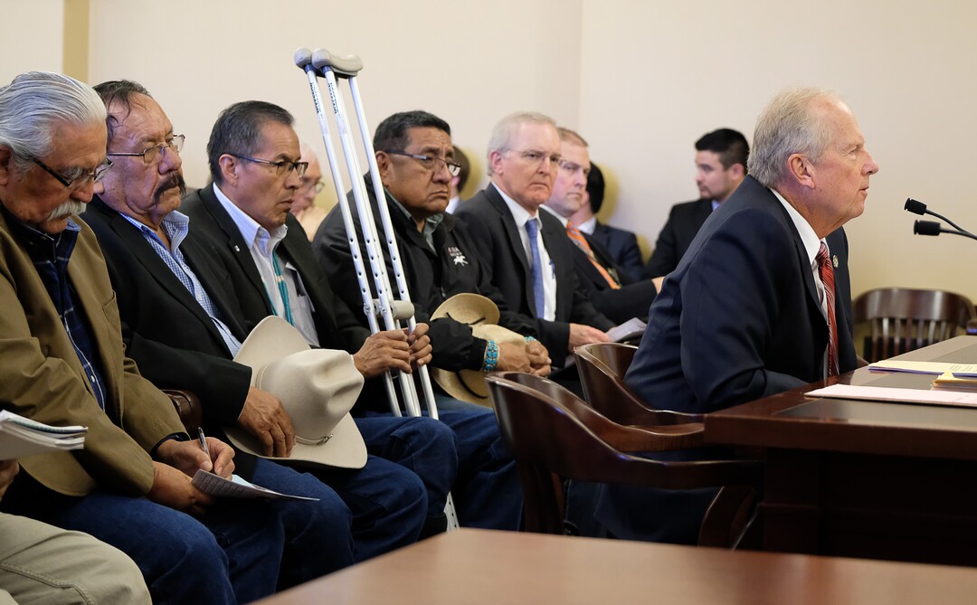 (Francisco Kjolseth  |  The Salt Lake Tribune)  Rep. Mike Noel, R-Kanab, proposes HB136 to muzzle city and local officials from speaking out on public-lands protections during the House Natural Resources, Agriculture, and Environment Standing Committee at the Capitol on Tuesday, Feb. 6, 2018. Lined up behind him in opposition to the bill are members of the Utah Navajo Dine Bikeyah.
