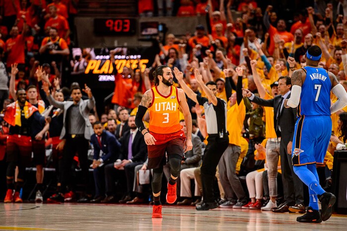 (Trent Nelson | The Salt Lake Tribune)  
Utah Jazz host the Oklahoma City Thunder, Game 3, NBA playoff basketball in Salt Lake City, Saturday April 21, 2018. Utah Jazz guard Ricky Rubio (3) hits a three-pointer in the second quarter giving the Jazz a one point lead.