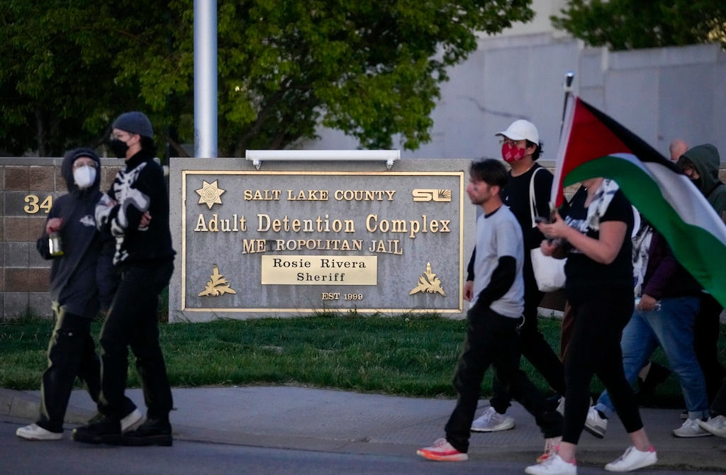 (Bethany Baker  |  The Salt Lake Tribune) A group of protesters at a pro-Palestine protest at the Salt Lake County Metro Jail in South Salt Lake on Tuesday, April 30, 2024.