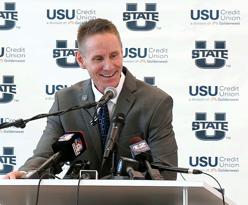 Gary Andersen speaks at a press conference where he was introduced as the new head football coach at Utah State, Tuesday, Dec. 11, 2018, in Logan, Utah. (Eli Lucero/Herald Journal via AP)