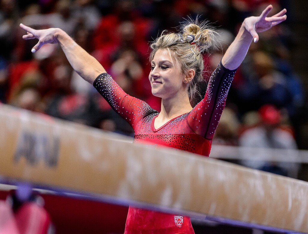 Trent Nelson  |  The Salt Lake TribuneSabrina Schwab on the beam as the University of Utah hosts Michigan, NCAA gymnastics at the Huntsman Center in Salt Lake City, Saturday January 7, 2017.