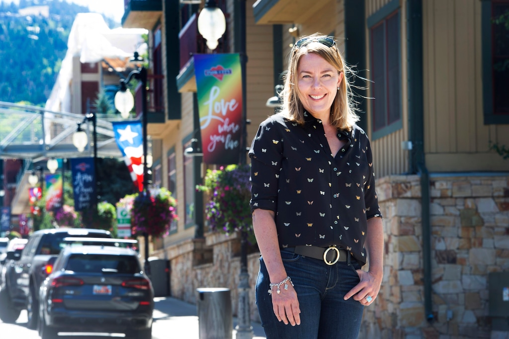 (Rick Egan  |  The Salt Lake Tribune) Christin Anderson, a software sales executive who recently moved to Park City from the Bay Area, on Main Street in Park City, on Friday, Sept. 4, 2020. Anderson is part of a trend of folks moving to Utah from coastal cities since the pandemic.