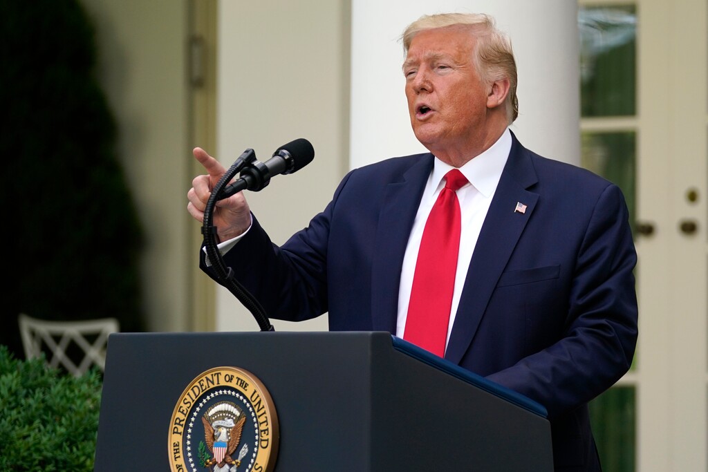 President Donald Trump answers questions from reporters during an event on protecting seniors with diabetes in the Rose Garden White House, Tuesday, May 26, 2020, in Washington. (AP Photo/Evan Vucci)