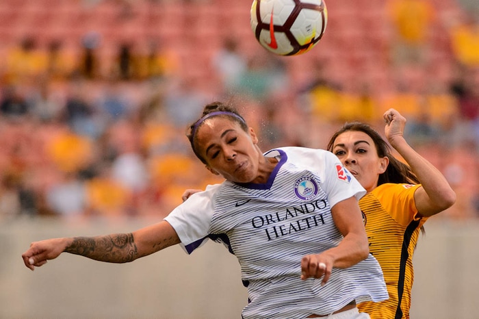 (Trent Nelson | The Salt Lake Tribune)  Utah Royals host Orlando Pride at Rio Tinto Stadium in Sandy, Wednesday May 9, 2018. Orlando Pride forward Sydney Leroux (2) and Utah Royals FC defender Brooke Elby (13).