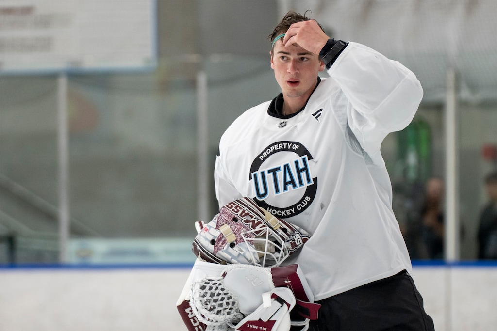 (Rick Egan | The Salt Lake Tribune) Goaltender Michael Hrabal takes a break during Utah Mammoth development camp in Park City, on Tuesday, July 1, 2025.
 