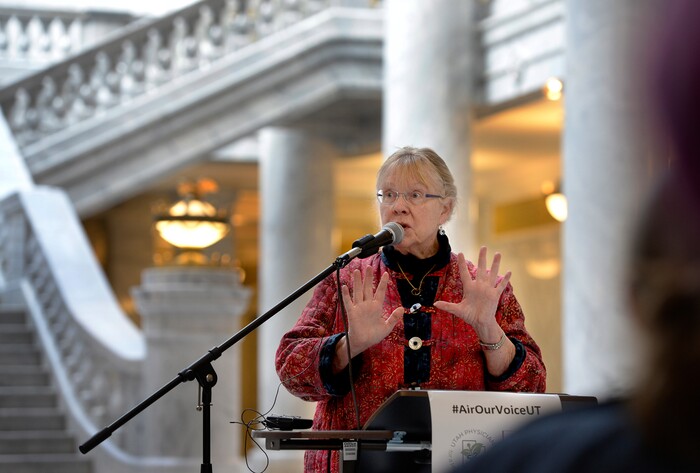 Scott Sommerdorf | The Salt Lake Tribune
Dr. Kirtly Parker Jones spoke at the "Air...Our Voice" rally in the rotunda of the Utah State Capitol, Saturday, February, 3, 2018.