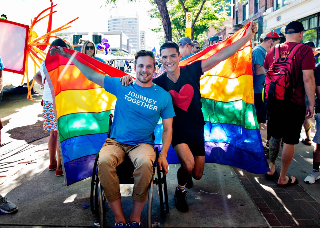 (Courtesy of YouTube | Kim Raff ) Carson Tueller, left, a Salt Lake City LGBTQ activist, poses with YouTube personality and activist Raymond Braun at the 2018 Utah Pride Festival. Tueller is featured in "State of Pride," a documentary produced for YouTube and narrated by Braun. The documentary debuts on YouTube on May 29, 2019. This year's Utah Pride Festival is set for June 1-2, in Salt Lake City's Washington Square.