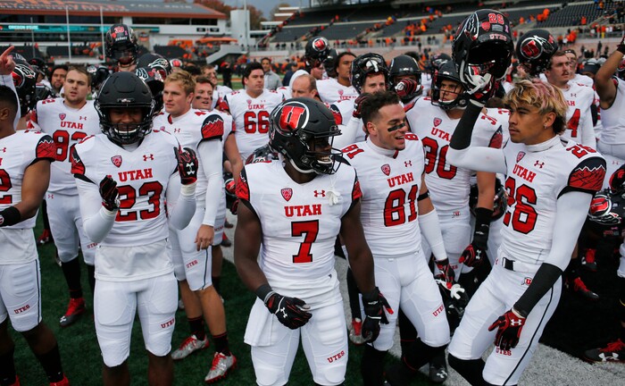 Utah's Julian Blackmon (23), Andre Godfrey (7), Dimitri Salido (81) and Samson Nacua (26) celebrate after Utah's 19-14 victory over Oregon State in an NCAA college football game in Corvallis, Ore., on Saturday, Oct. 15, 2016. (AP Photo/Timothy J. Gonzalez)