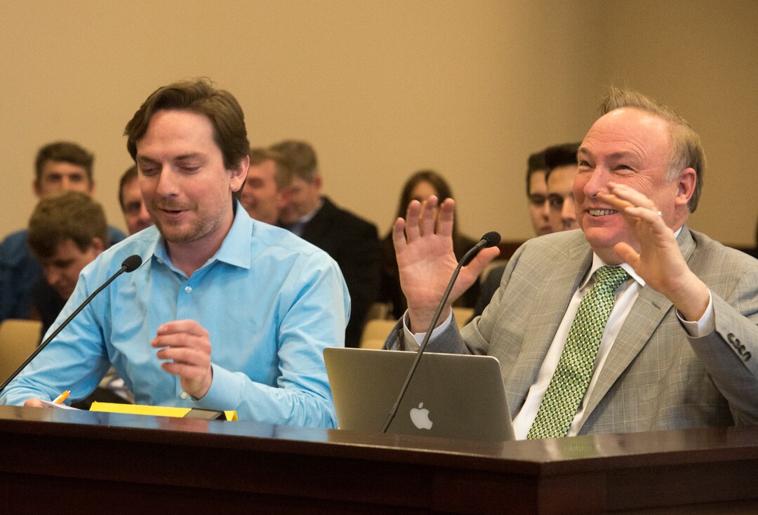 (Rick Egan  |  The Salt Lake Tribune)   Sen. Jim Dabakis responds as Chase Clyde, Utah Education Association, jokes about not wanting to call him "Darth Dabakis"  as he speaks in support of SJR16, during a Senate Education Committee meeting at the Capitol, Friday, March 2, 2018.