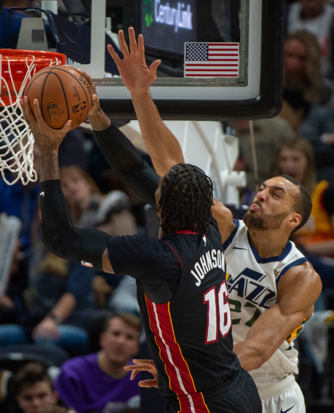 (Rick Egan  |  The Salt Lake Tribune)     Miami Heat forward James Johnson (16) takes the ball to the hoop, as Utah Jazz center Rudy Gobert (27) defends, in NBA action between Utah Jazz and Miami Heat, at Vivint Smart Home Arena Wednesday, Dec. 12, 2018.