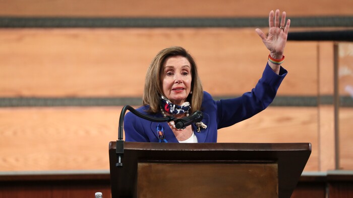 U.S. House Speaker Nancy Pelosi addresses the service during the funeral for the late Rep. John Lewis, D-Ga., at Ebenezer Baptist Church in Atlanta, Thursday, July 30, 2020.  (Alyssa Pointer/Atlanta Journal-Constitution via AP, Pool)