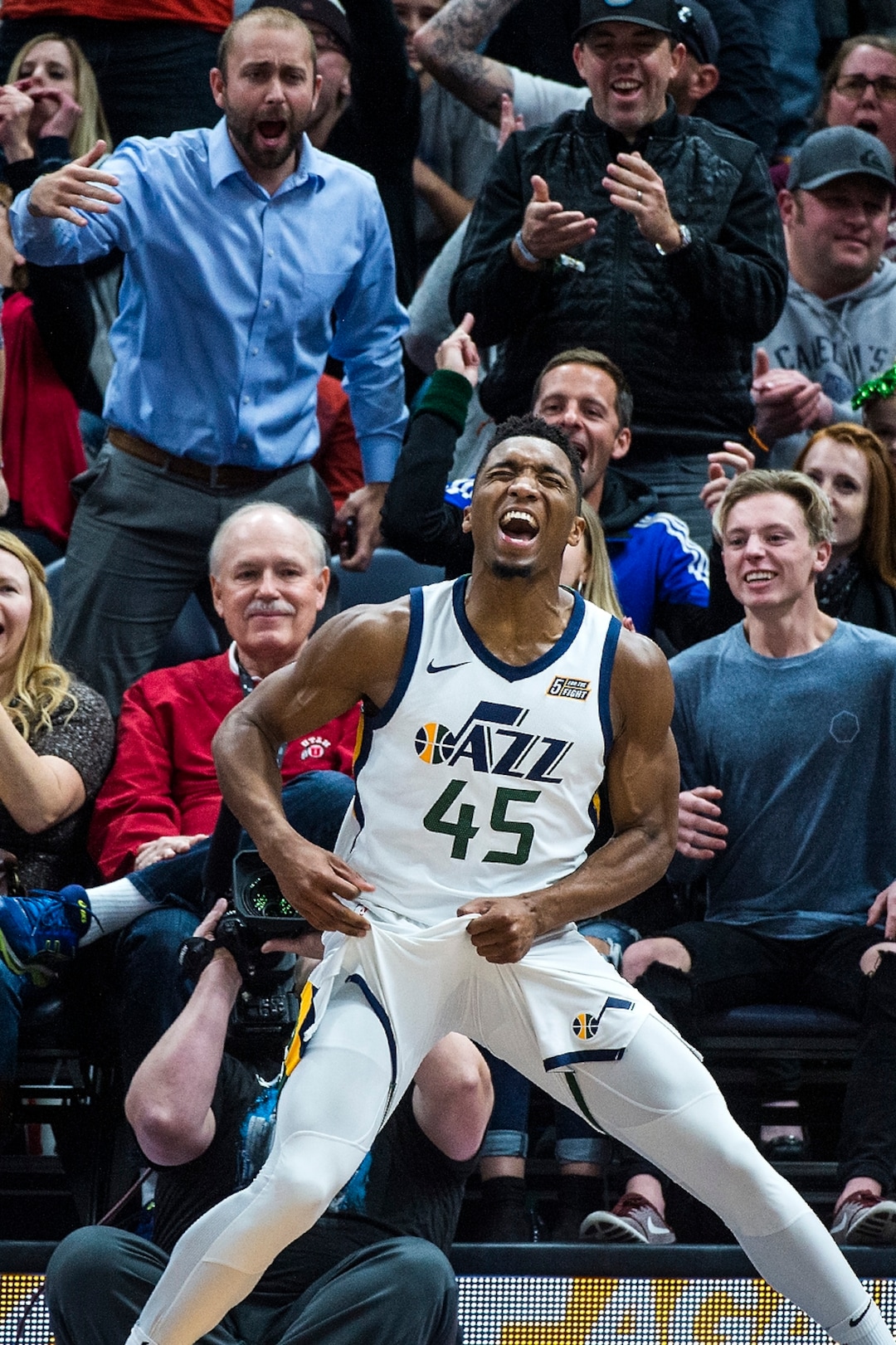 (Chris Detrick  |  The Salt Lake Tribune)  Utah Jazz guard Donovan Mitchell (45) celebrates after being fouled and still making the basket during the game at Vivint Smart Home Arena Friday, December 1, 2017.  Utah Jazz defeated New Orleans Pelicans 114-108.