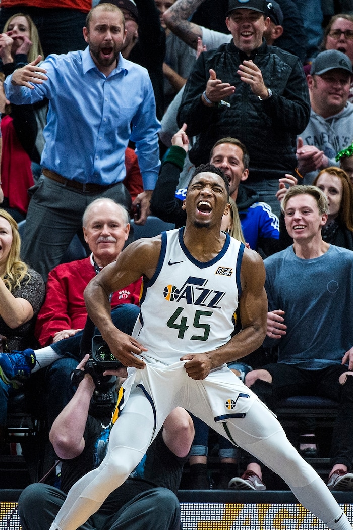 (Chris Detrick  |  The Salt Lake Tribune)  Utah Jazz guard Donovan Mitchell (45) celebrates after being fouled and still making the basket during the game at Vivint Smart Home Arena Friday, December 1, 2017.  Utah Jazz defeated New Orleans Pelicans 114-108.