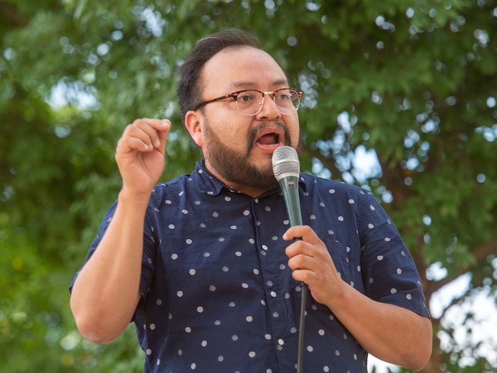 (Rick Egan  |  The Salt Lake Tribune)     Salt Lake City Council candidate Moroni Benally gives a speech during a rally sponsored by Utah Against Police Brutality, at the Salt Lake City Police Station, Tuesday, July 23, 2019.