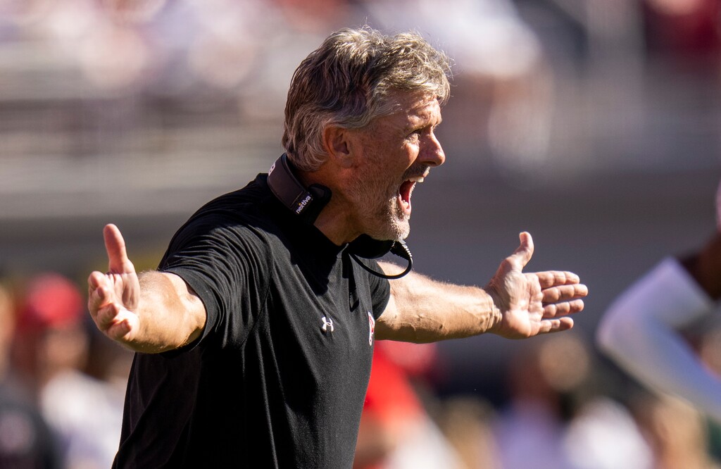 (Rick Egan | The Salt Lake Tribune)  Utah Utes head coach Kyle Whittingham reacts to a call by the officials, in the 4th quarter,  in PAC-12 football action between the Utah Utes and theUCLA Bruins, at Rice-Eccles Stadium, on Saturday, Sept. 23, 2023.