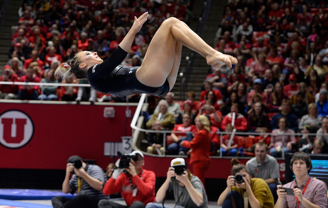Scott Sommerdorf | The Salt Lake TribuneUtah's MyKayla Skinner during her perfect floor routine scoring a 10.00. Utah outscored Stanford 197.500 to 196.275, Friday, March 3, 2017. 