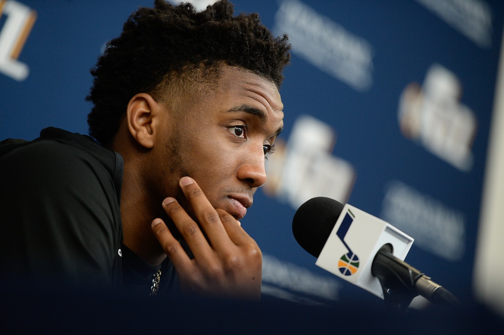 (Francisco Kjolseth  |  The Salt Lake Tribune)  Donovan Mitchell of the Utah Jazz speaks with the media following their season-ending game at the team practice facility on Thursday, April 25. 2019.
