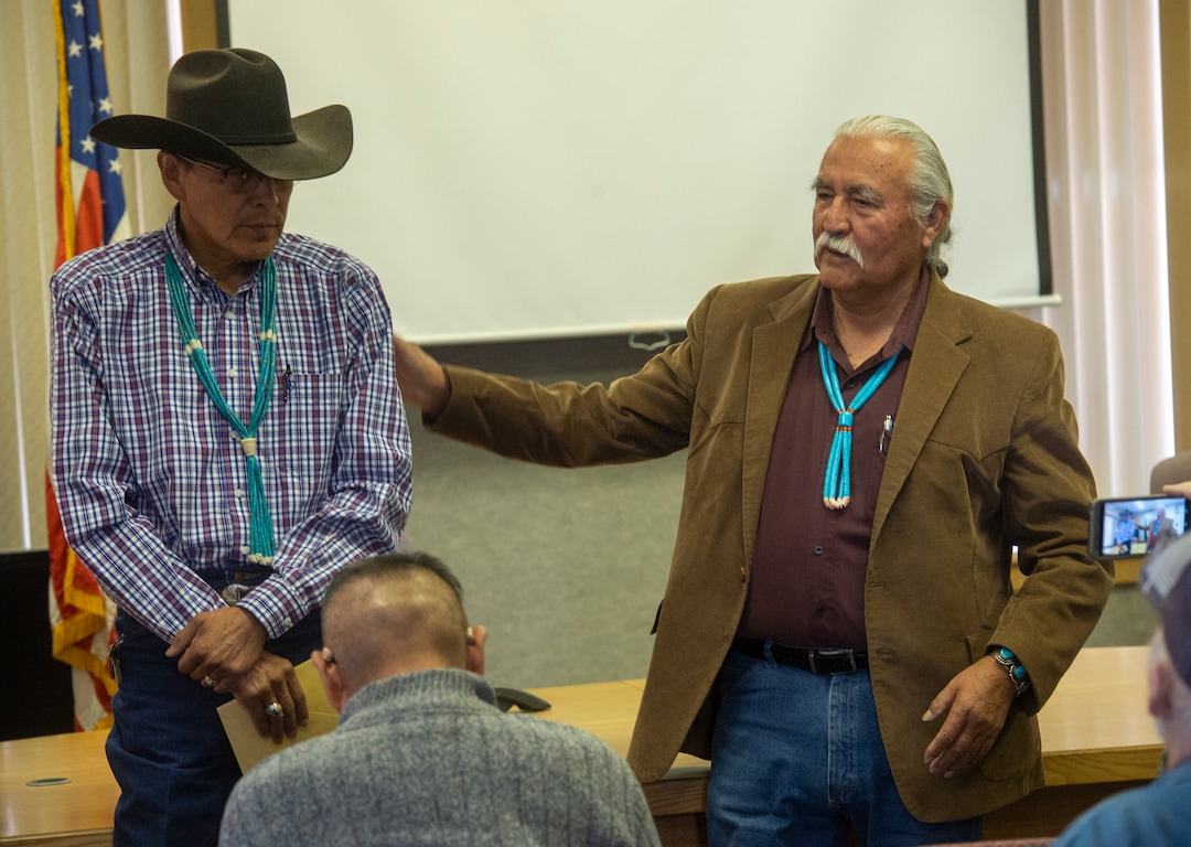 (Rick Egan  |  The Salt Lake Tribune)   Kenneth Maryboy and Willie Grayeyes thank their supporters, after being sworn in to the San Juan County Commission, at the San Juan County Courthouse in Monticello, Monday, Jan. 7, 2019.