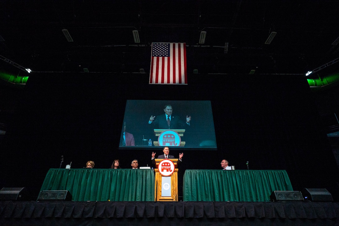(Trent Nelson  |  The Salt Lake Tribune)  Utah Governor Gary Herbert speaks at the Utah Republican Party's 2019 Organizing Convention at Utah Valley University in Orem on Saturday May 4, 2019.