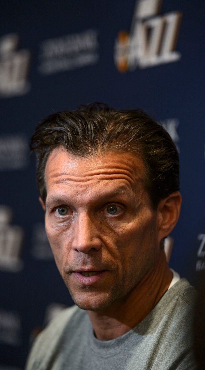 (Steve Griffin  |  The Salt Lake Tribune)  Utah Jazz head coach Quin Snyder talks with the media following the Utah Jazz practice at the Zions Bank Basketball Campus in Salt Lake City Friday April 13, 2018.