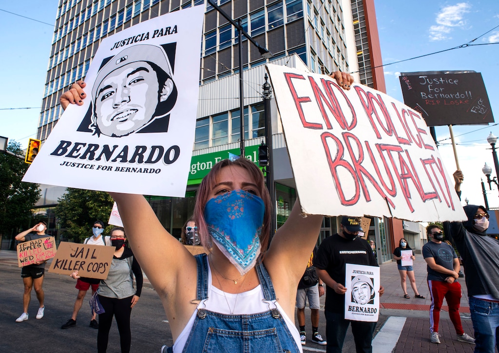 (Rick Egan  |  The Salt Lake Tribune) Genevieve Smith from Provo joins protesters as they chant in the street, during a Justice for Bernardo protest on Wednesday, June 24, 2020.