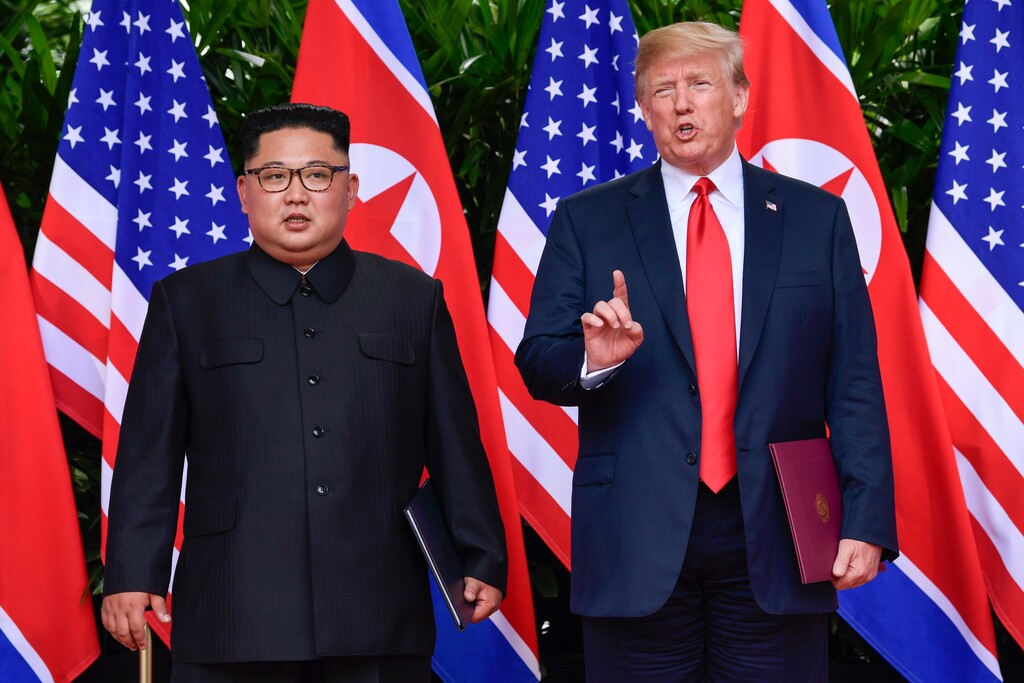 In this June 12, 2018, file photo, U.S. President Donald Trump makes a statement before saying goodbye to North Korea leader Kim Jong Un after their meetings at the Capella resort on Sentosa Island in Singapore. Trump focused his recent summit with North Korean leader Kim Jong Un on eliminating the regime’s nuclear weapons. But experts say he missed an opportunity to press North Korea on another pressing threat: its long record of dangerous cyberattacks against commercial and military targets in the U.S. and allied nations. (AP Photo/Susan Walsh,Pool)