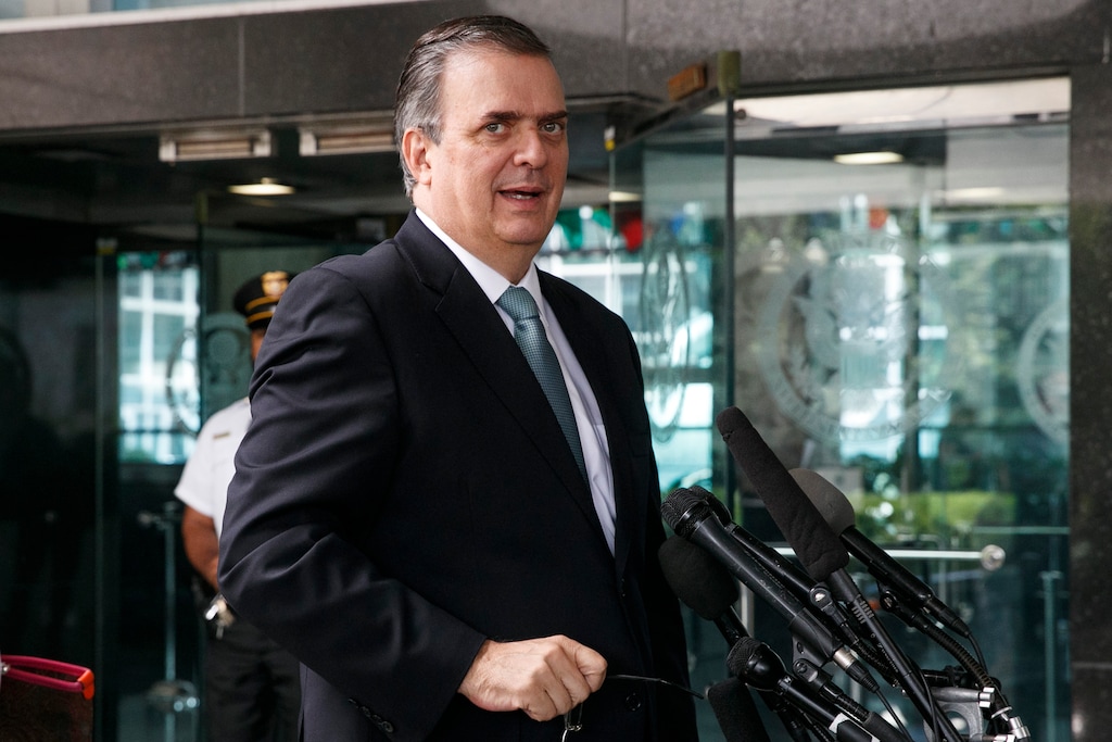(Jacquelyn Martin | AP) Marcelo Ebrard, Mexico's Secretary of Foreign Affairs, speaks to the media as he leaves a meeting about tariffs at the State Department, Thursday June 6, 2019, in Washington.