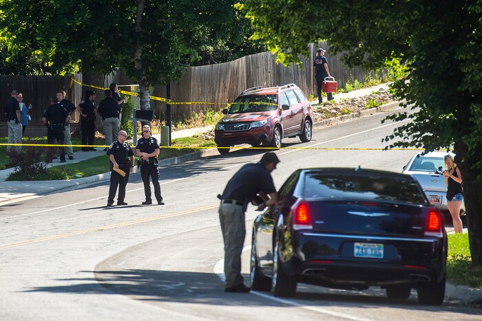 Chris Detrick | The Salt Lake Tribune
Police officers investigate the scene of a shooting Tuesday, June 6, 2017. The shooting occurred at about 3:45 p.m. outside of a residence at about 2175 East and Alta Canyon Drive (about 8630 South), said Sandy police Sgt. Jason Nielsen. Nielsen said the shooter was among the dead and, therefore, there is no threat to the public.