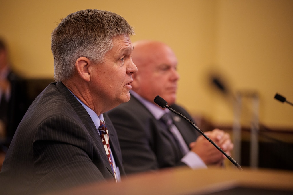 (Trent Nelson  |  The Salt Lake Tribune) Scott Hansen and Mark Huntsman of the Utah State Board of Education speak at a meeting of the Education Interim Committee at the State Capitol in Salt Lake City on Wednesday, June 16, 2021. Critical race theory in public education was on the agenda.