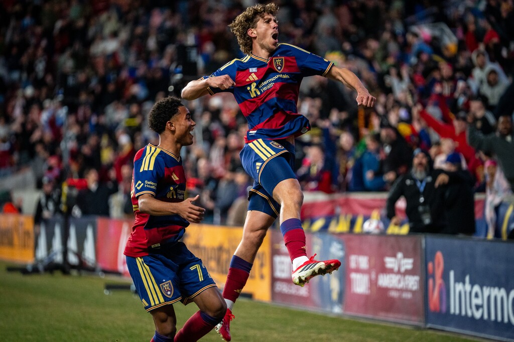 (Trent Nelson  |  The Salt Lake Tribune) Real Salt Lake midfielder Stijn Spierings (6) celebrates scoring the go-ahead goal as Real Salt Lake hosts Austin FC, MLS soccer in Sandy on Saturday, March 14, 2026.