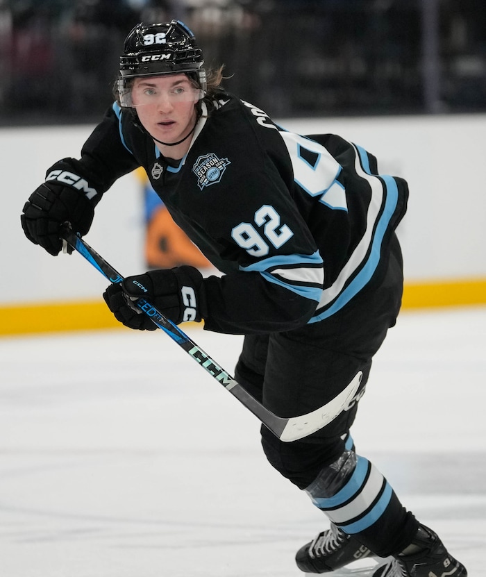 (Francisco Kjolseth | The Salt Lake Tribune) Utah Hockey Club center Logan Cooley (92) during an NHL hockey game at the Delta Center in Salt Lake City on Monday, Nov. 18, 2024.