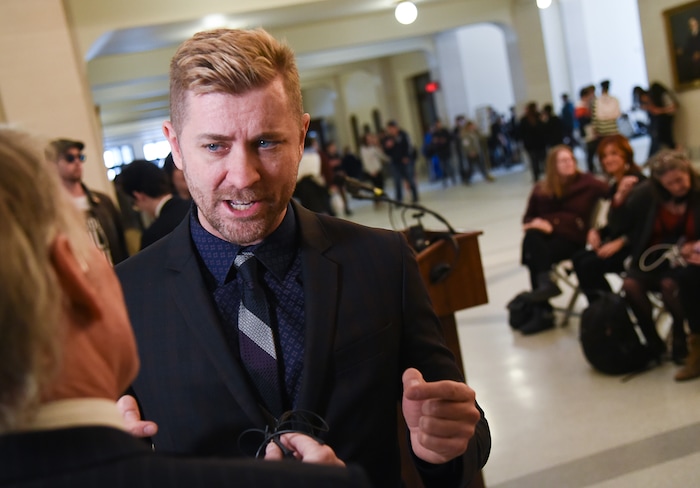 (Francisco Kjolseth  |  The Salt Lake Tribune)  Troy Williams, Executive Director of Equality Utah gives an interview before a press event at the Utah Capitol on Thursday, Feb. 21, 2019, to introduce legislation by Rep. Craig Hall, R-West Valley, and Sen. Dan McCay, R-Riverton, to ban conversion therapy.