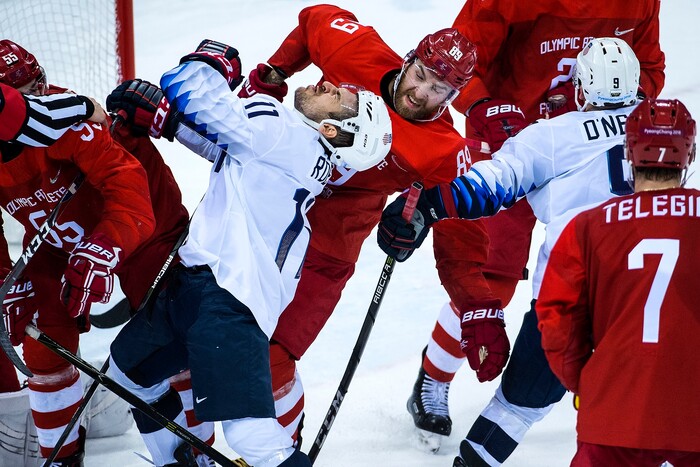(Chris Detrick  |  The Salt Lake Tribune)  Olympic Athlete from Russia defenseman Nikita Nesterov (89) punches United States forward Garrett Roe (11) during the United States vs Olympic Athletes from Russia hockey game at Gangneung Hockey Centre during the Pyeongchang 2018 Winter Olympics Saturday, Feb. 17, 2018. Olympic Athletes from Russia defeated United States 4-0.