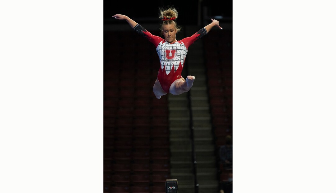 (Rick Egan | The Salt Lake Tribune) Abby Paulson competes on the bean for Utah in the PAC-12 Gymnastics Championship tournament at the Maverik Center, on Saturday, March 20, 2021.