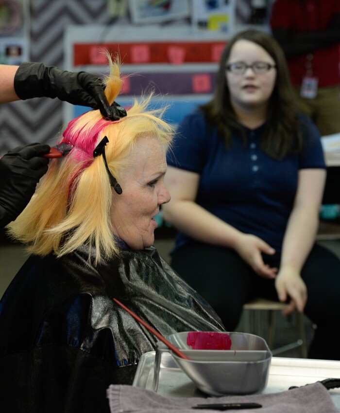 (Francisco Kjolseth  |  The Salt Lake Tribune)  Teachers are using creative ways to get kids SAGE scores up, including Sharon Moore, 6th grade teacher at North Star Elementary who agreed to dye her hair some wild colors as she continues to teach class on Tuesday, May 8, 2018. This was the incentive that got her kids' scores up nearly 17 percent.