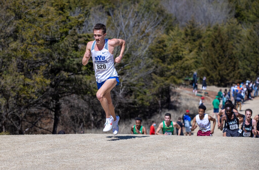 (Jaren Wilkey | BYU) Conner Mantz competes in the NCAA cross country national championships March 15, 2021 in Stillwater, Okla.