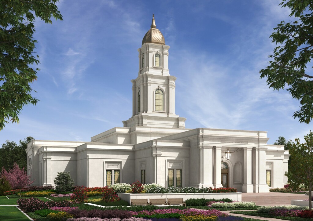 (The Church of Jesus Christ of Latter-day Saints) An artist's rendering for the exterior of Alabama's Huntsville Temple. A zoning panel has signed off on this design, including its 120-foot spire.