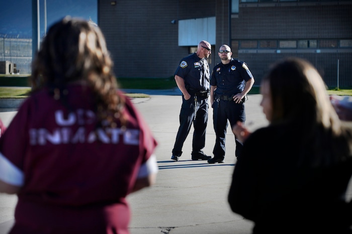 (Scott Sommerdorf   |  The Salt Lake Tribune)   Prison staff is always nearby as inmates visit with their families during "Kids Day" at the Utah State Prison, Saturday, October 7, 2017. The day allows incarcerated mothers an extended visit with their children for events and activities not allowed during regular visits - including meals, games and craft projects.